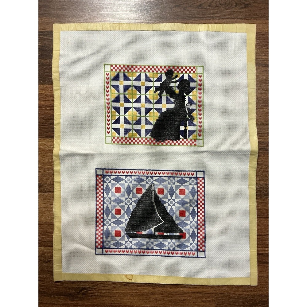 Vtg Finished Embroidered Piece With 2 Designs MOTHER W/CHILD & SAILBOAT